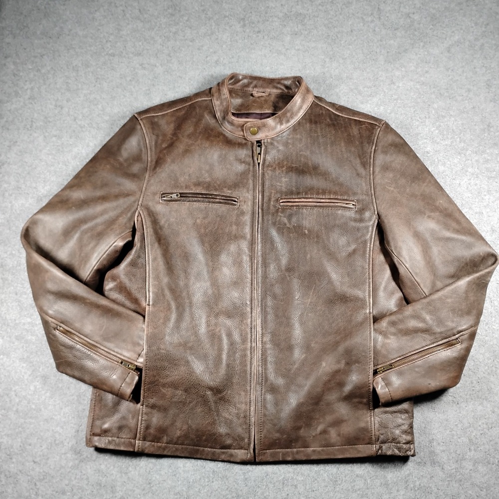 Mens Brown Distressed Leather Cafe Racer Biker Jacket XL Full Zip Moto